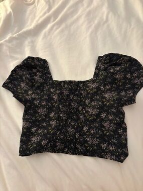 Madewell Black Floral Smocked Square-Neck Crop Top